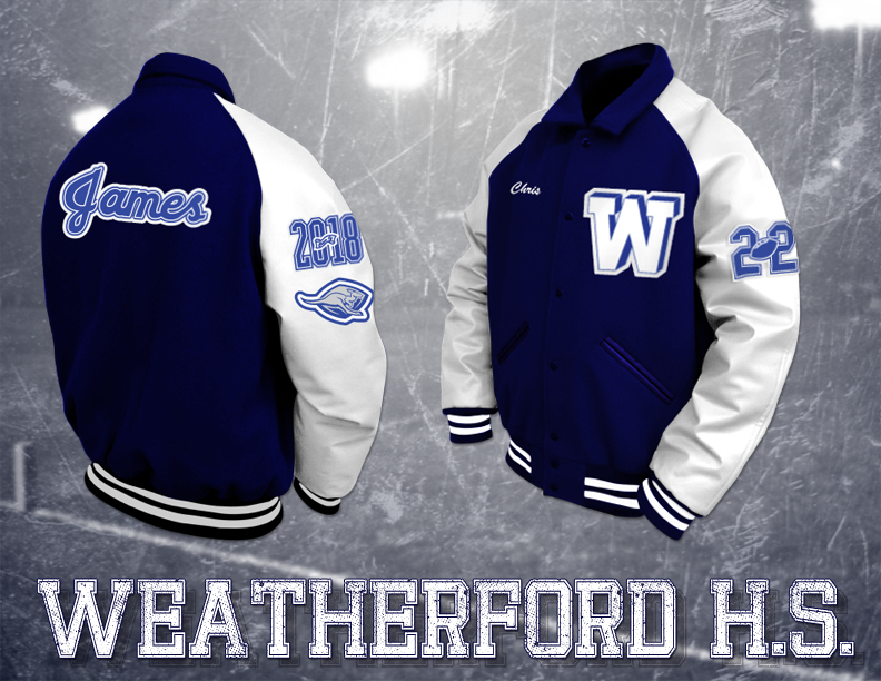 Weatherford Letter Jacket - Blue Body/White Sleeves | Texan Grad
